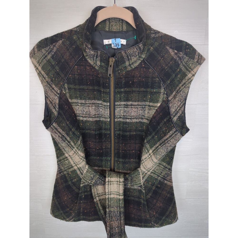 Cabi Wool Brown Plaid Vest, S Small, Zip Front, Tie, Sleeveless Blazer, Jacket